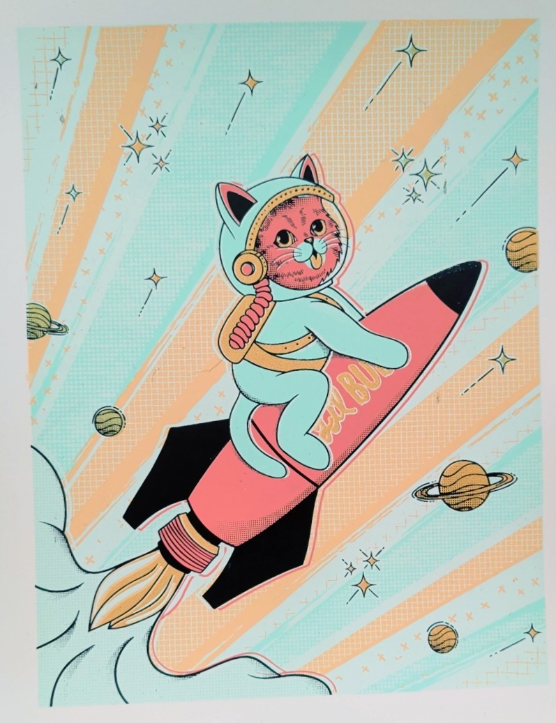 Lil BUB Space Cat Astronaut Rocket Hand Screen Printed Art Print - Bloomington Icon